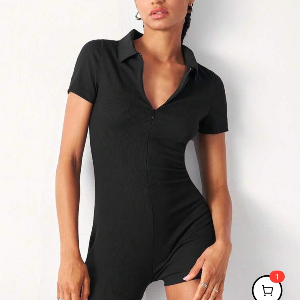 Black Short Sleeve Half Zip Romper